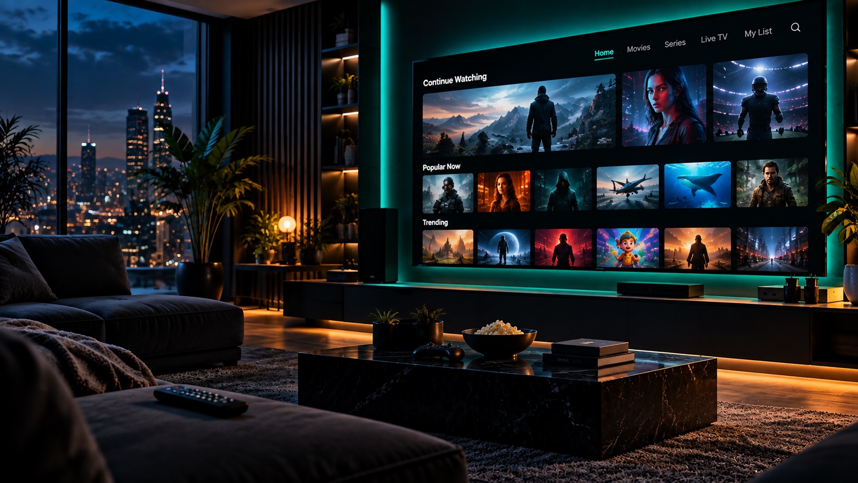 Modern living room at night with a large wall-mounted television displaying a streaming app home screen, ambient teal backlighting, and a city skyline visible through the window